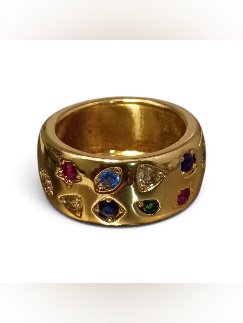 Multi Gemstone Wide Dome Ring Gold Tone Cigar Band Fits Size 5.5 (Measures 6.25)